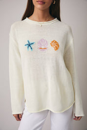 Cream Round Neck Sea Graphic Sweater
