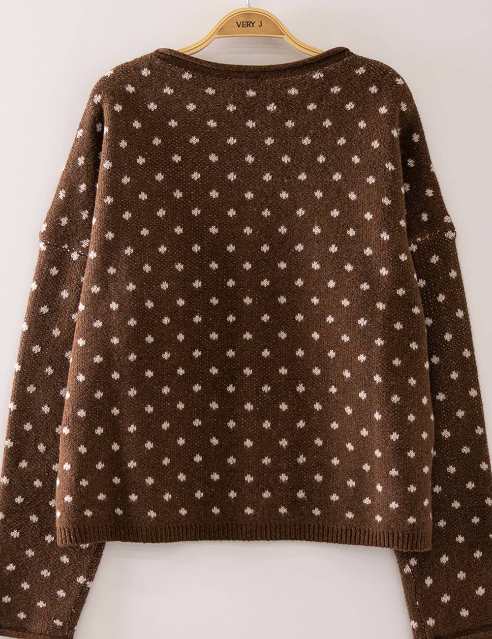 Dark Brown Polka Dot Sweater showing round neckline