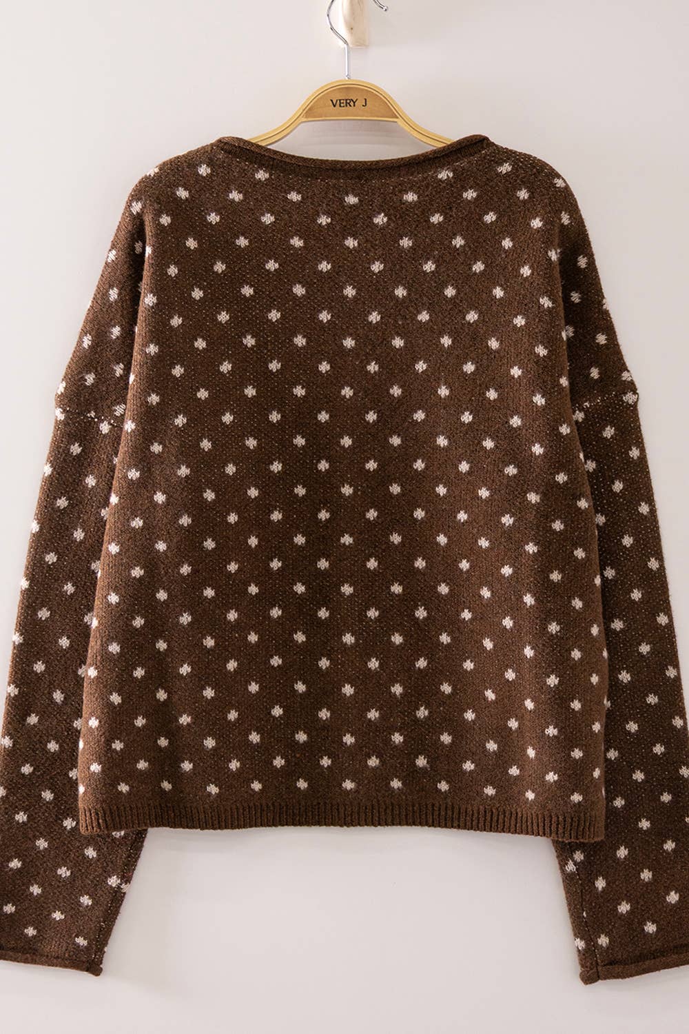 Dark Brown Polka Dot Sweater showing round neckline