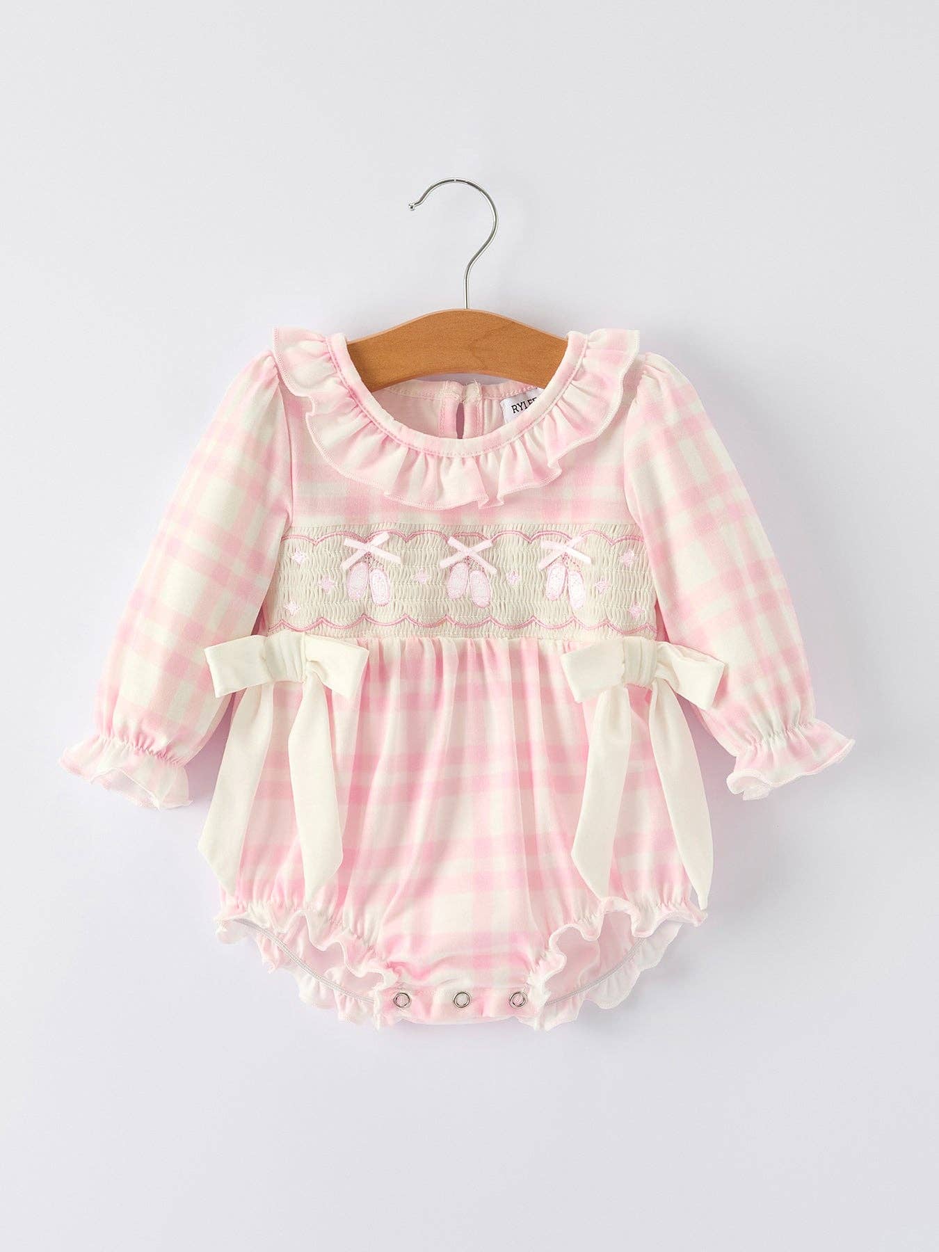 Pink Gingham  Romper with Ballet Shoe Embroidery