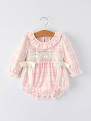 Pink Gingham  Romper with Ballet Shoe Embroidery