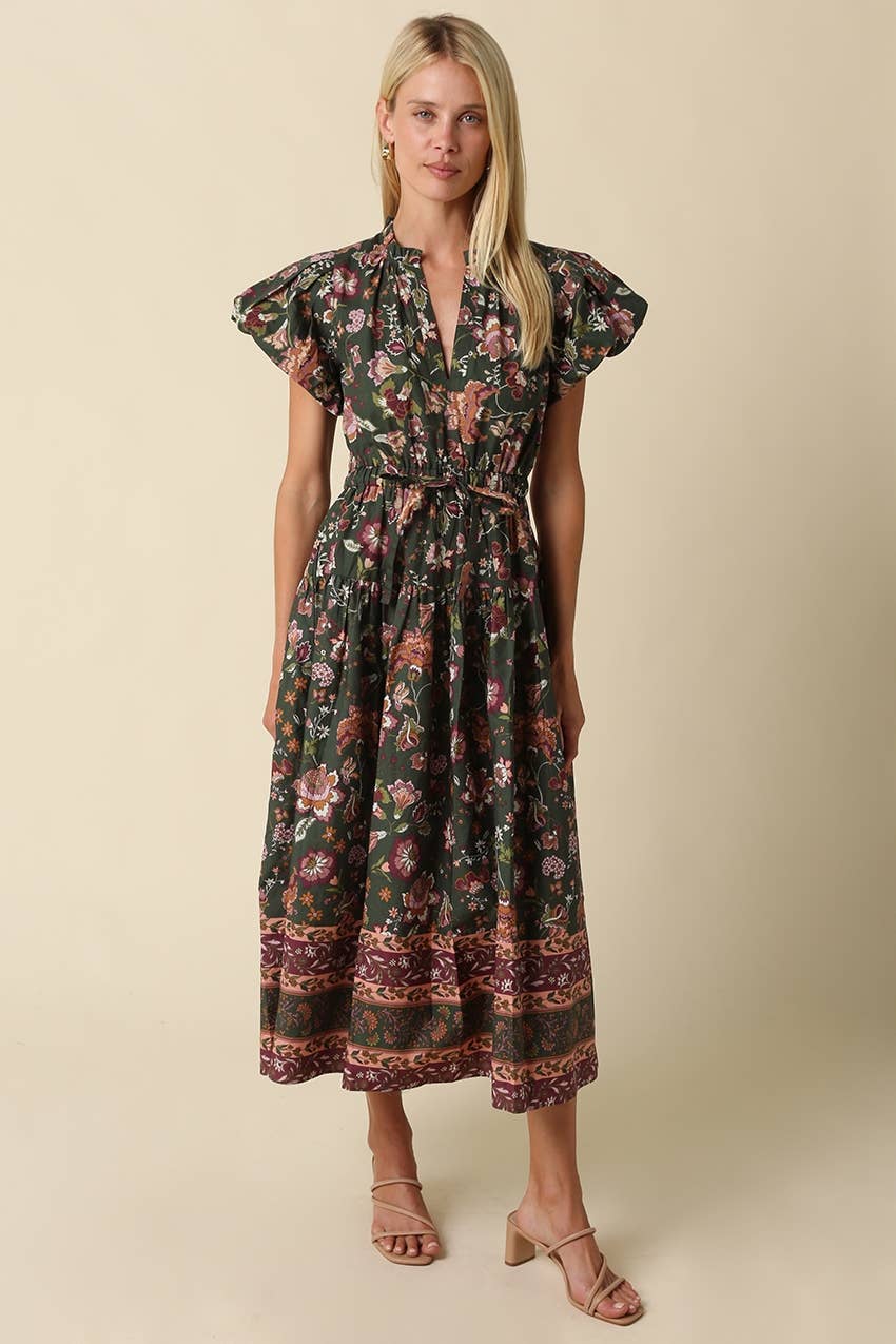 Green Bubble Sleeve Floral Midi Dress
