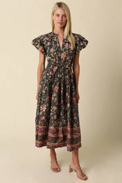 Green Bubble Sleeve Floral Midi Dress