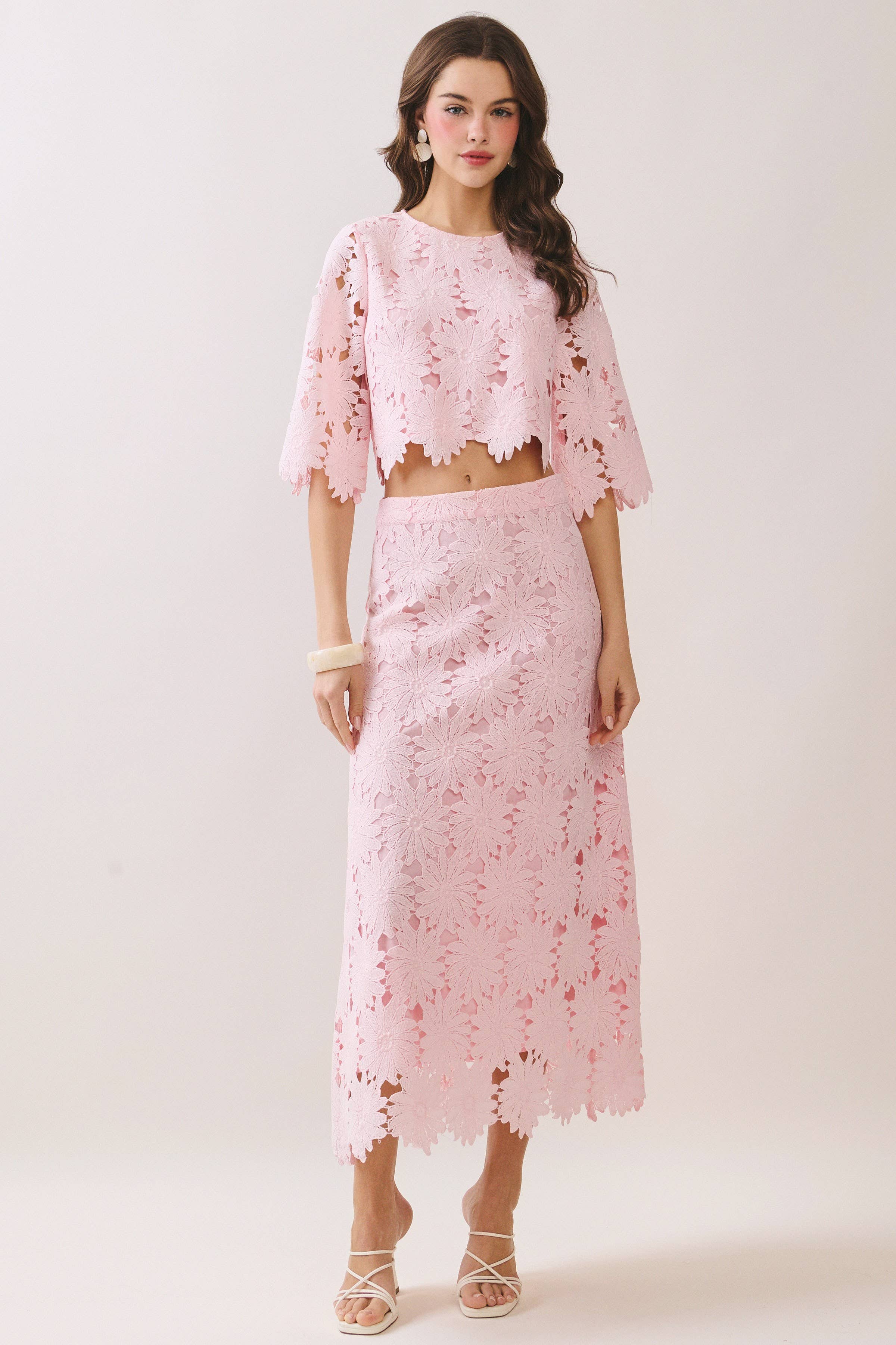 Pink Floral Lace Cropped Top