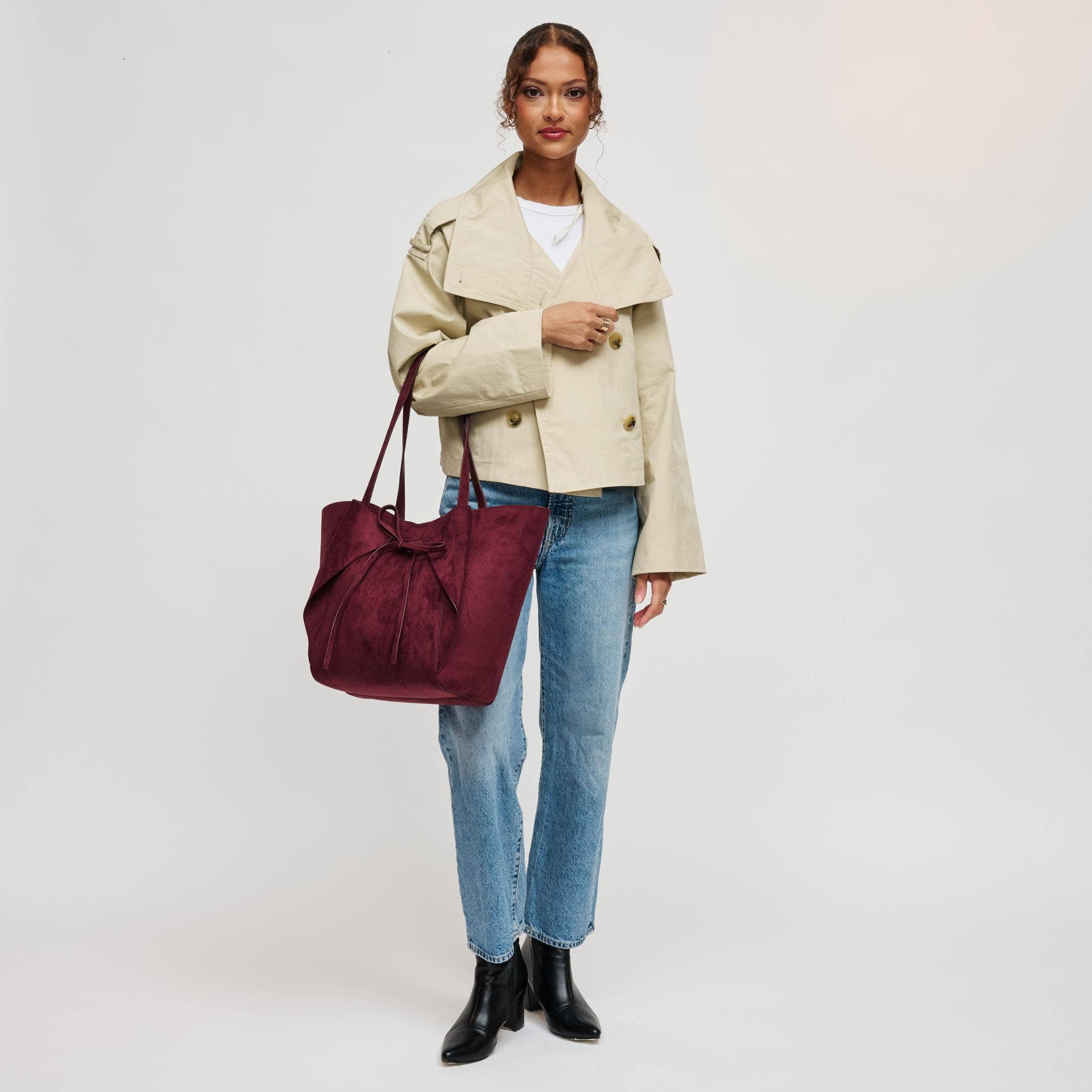 Burgundy Bow Front Suede Tote