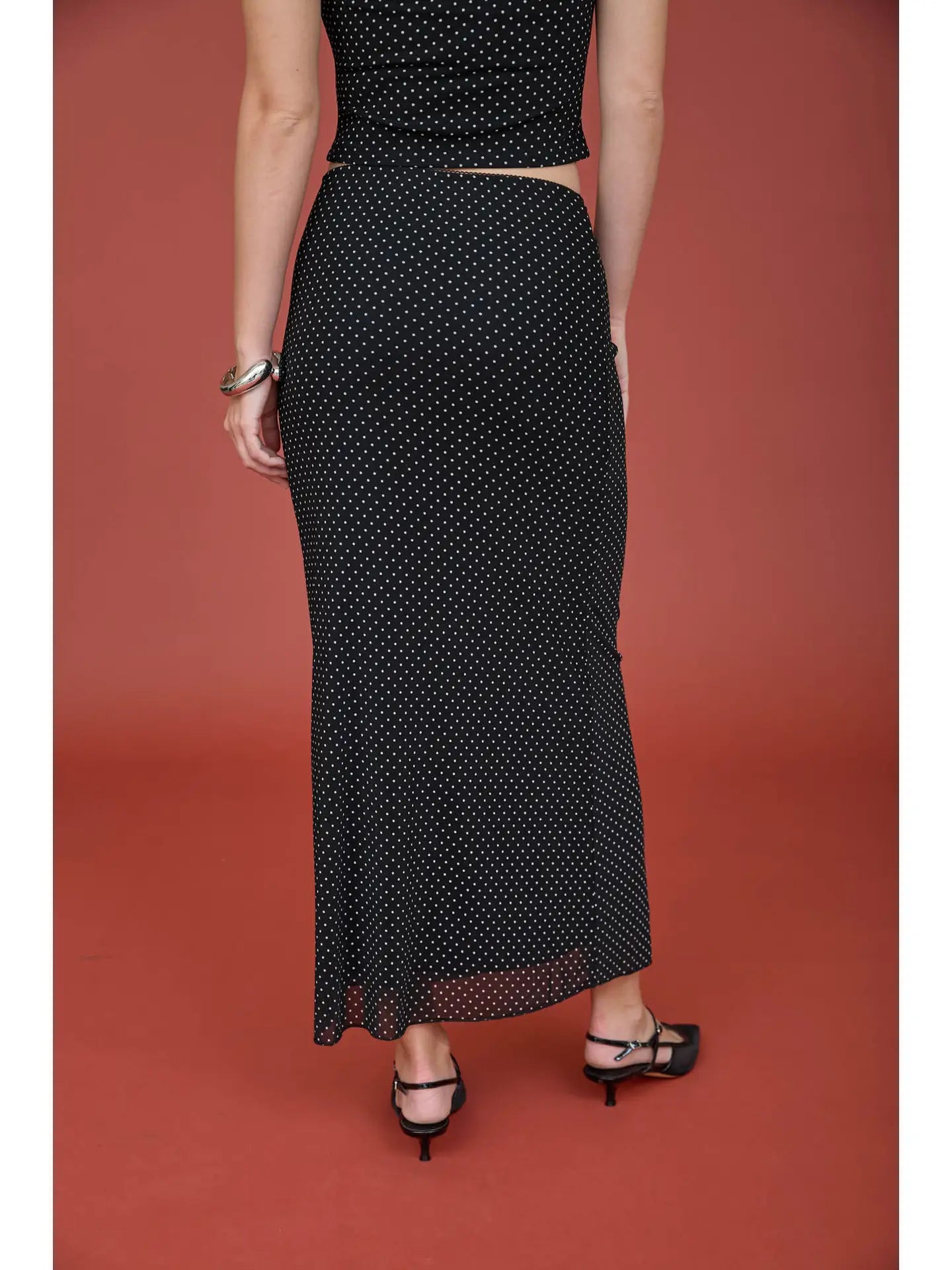 Black Polka Dot Pencil Midi Skirt