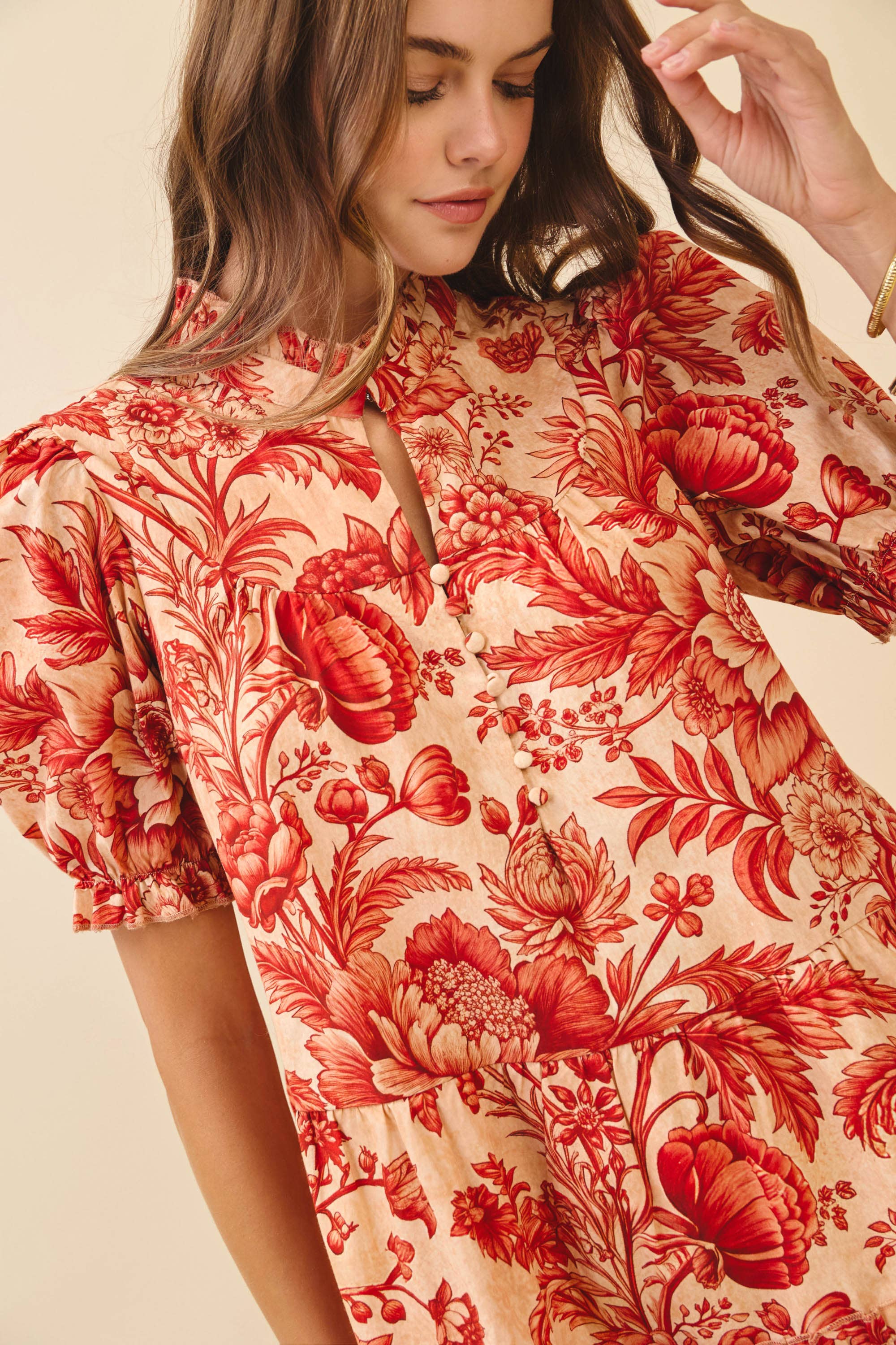 Floral Ruffled Mock Neckline Mini Dress