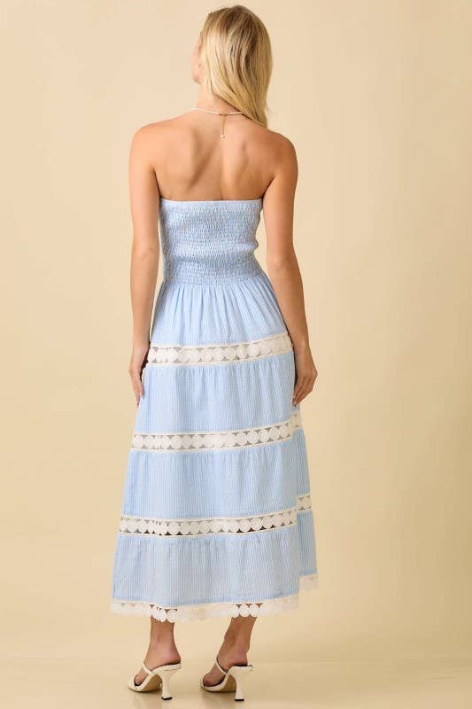 Blue Midi Tube Dress With Lace