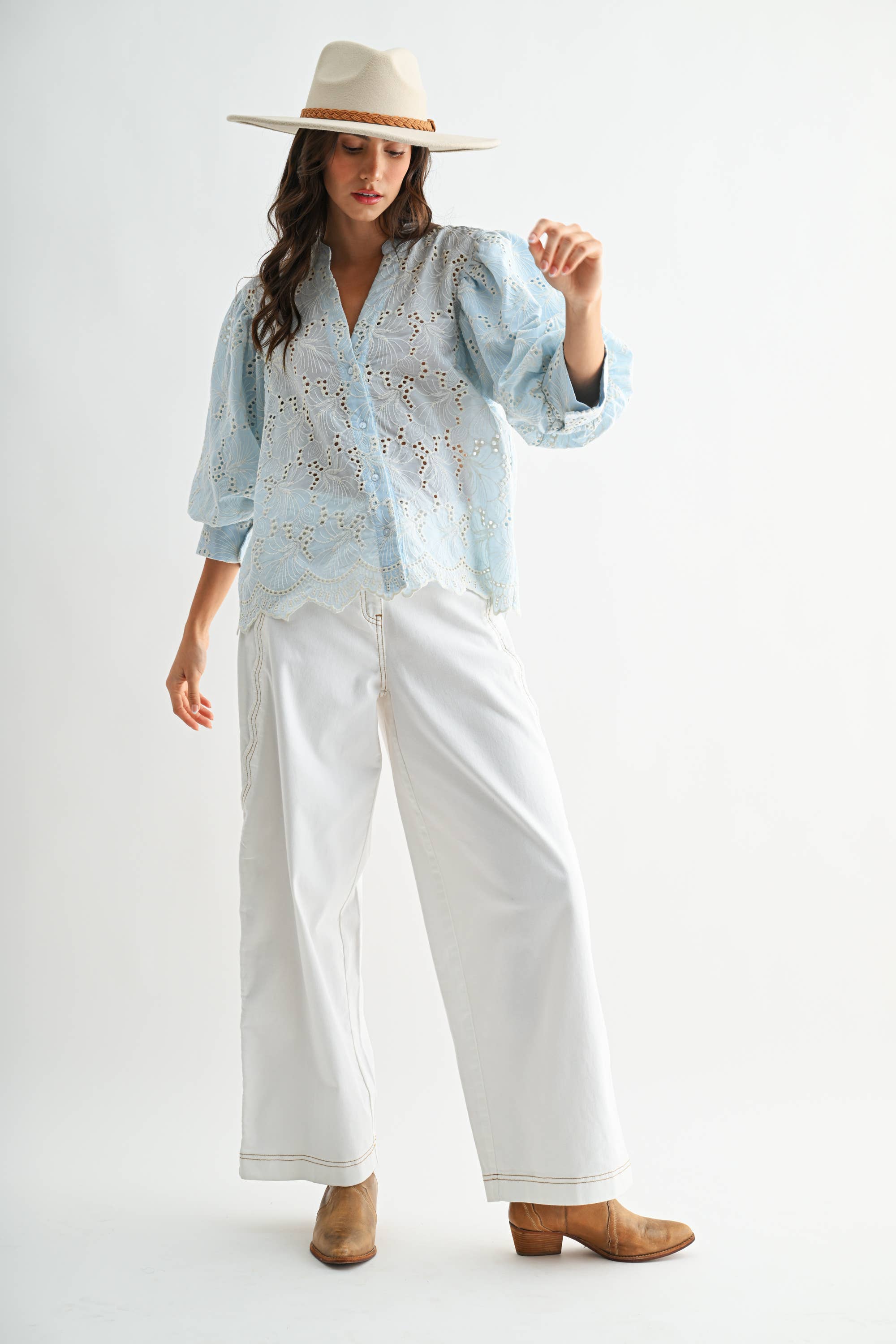 Light Blue Eyelet Puff Sleeve Top