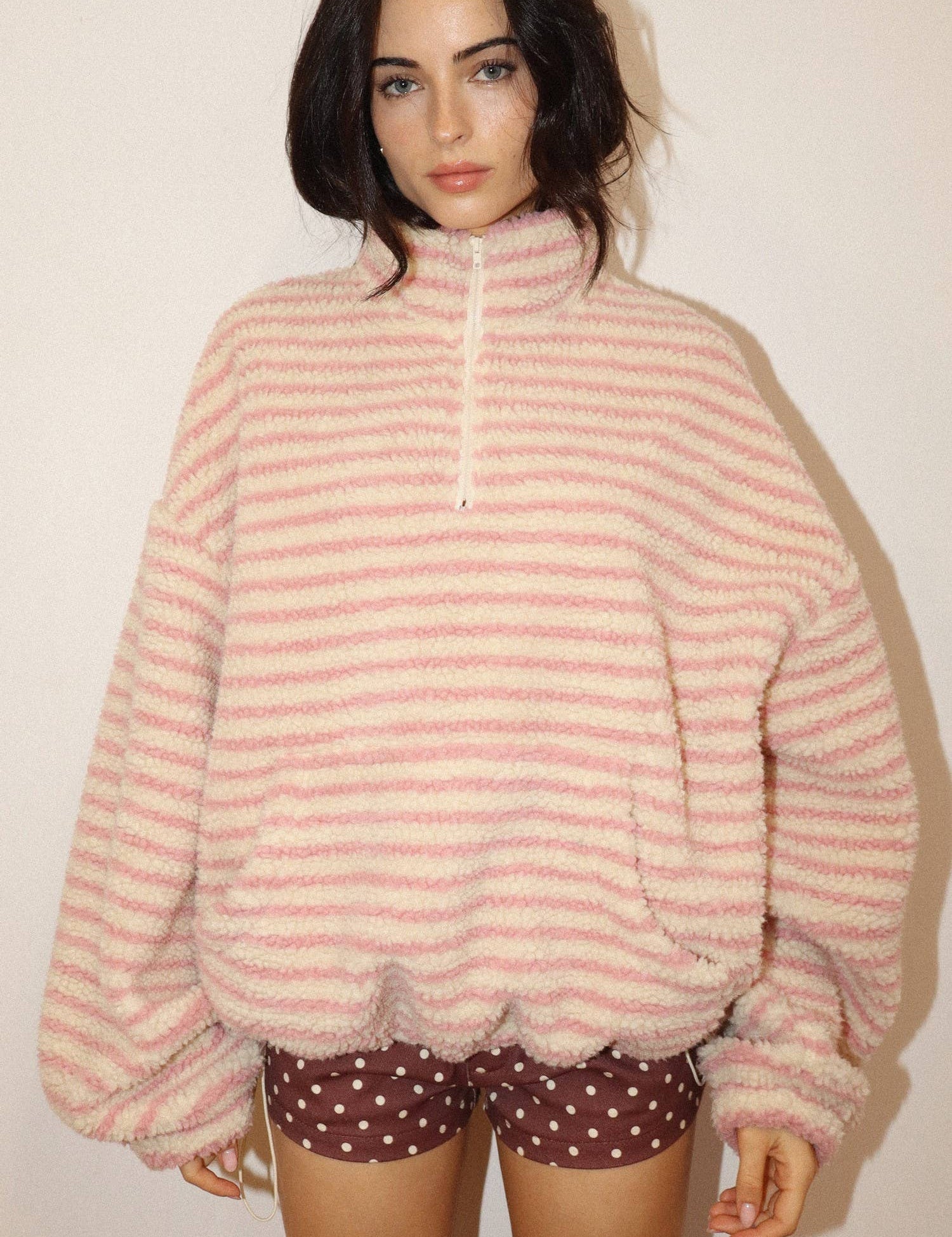 Pink Stripe Sherpa Pullover showing sherpa
