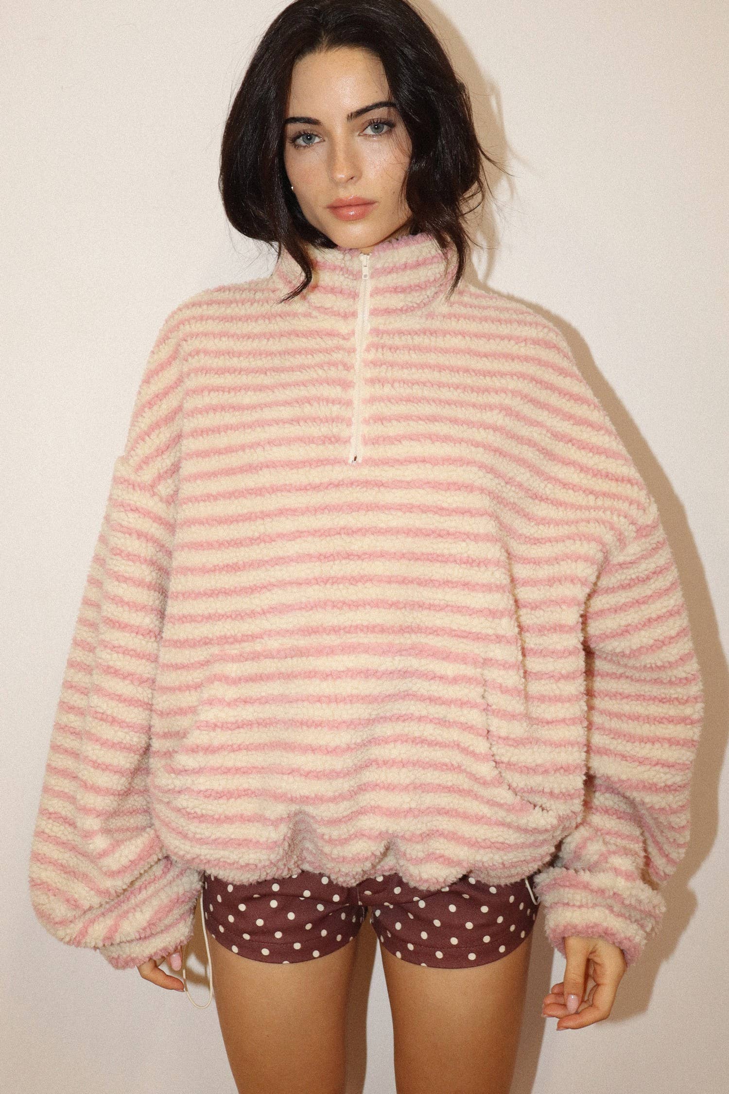 Pink Stripe Sherpa Pullover showing sherpa
