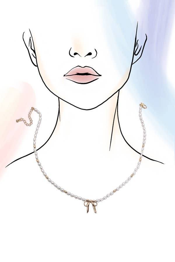 BOW RIBBON PEARL GOLD MIX CHAIN NECKLACE