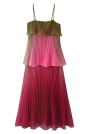 Red Ombre Pleated Tiered Maxi Dress