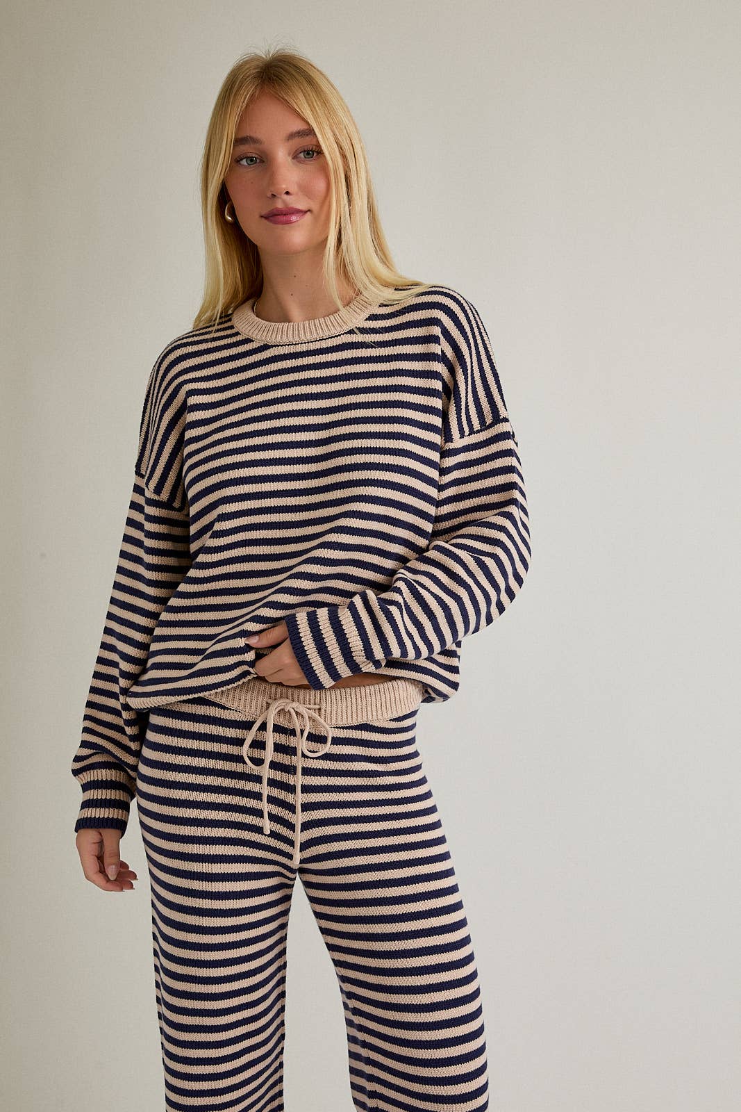 Navy & Taupe Stripe Sweater & Pants Set
