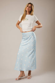 Light Blue Polka Dot Satin Midi Skirt