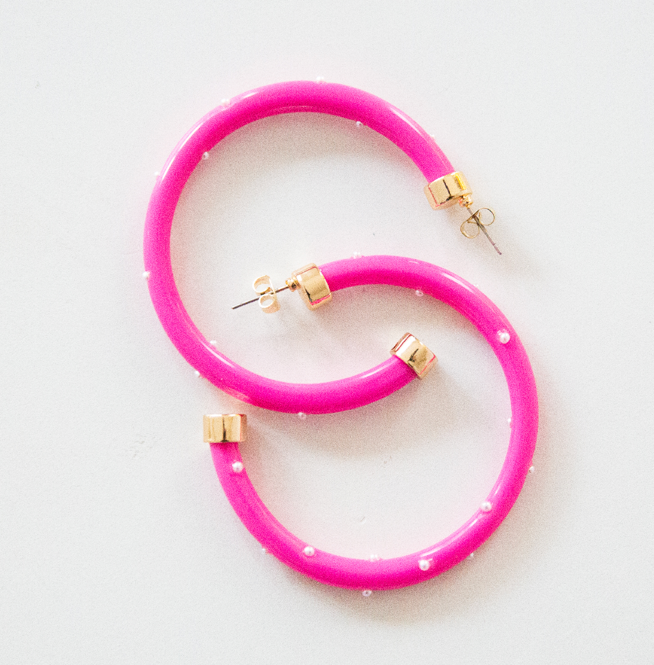 Hot Pink with Pearls Large Hoop Earrings
