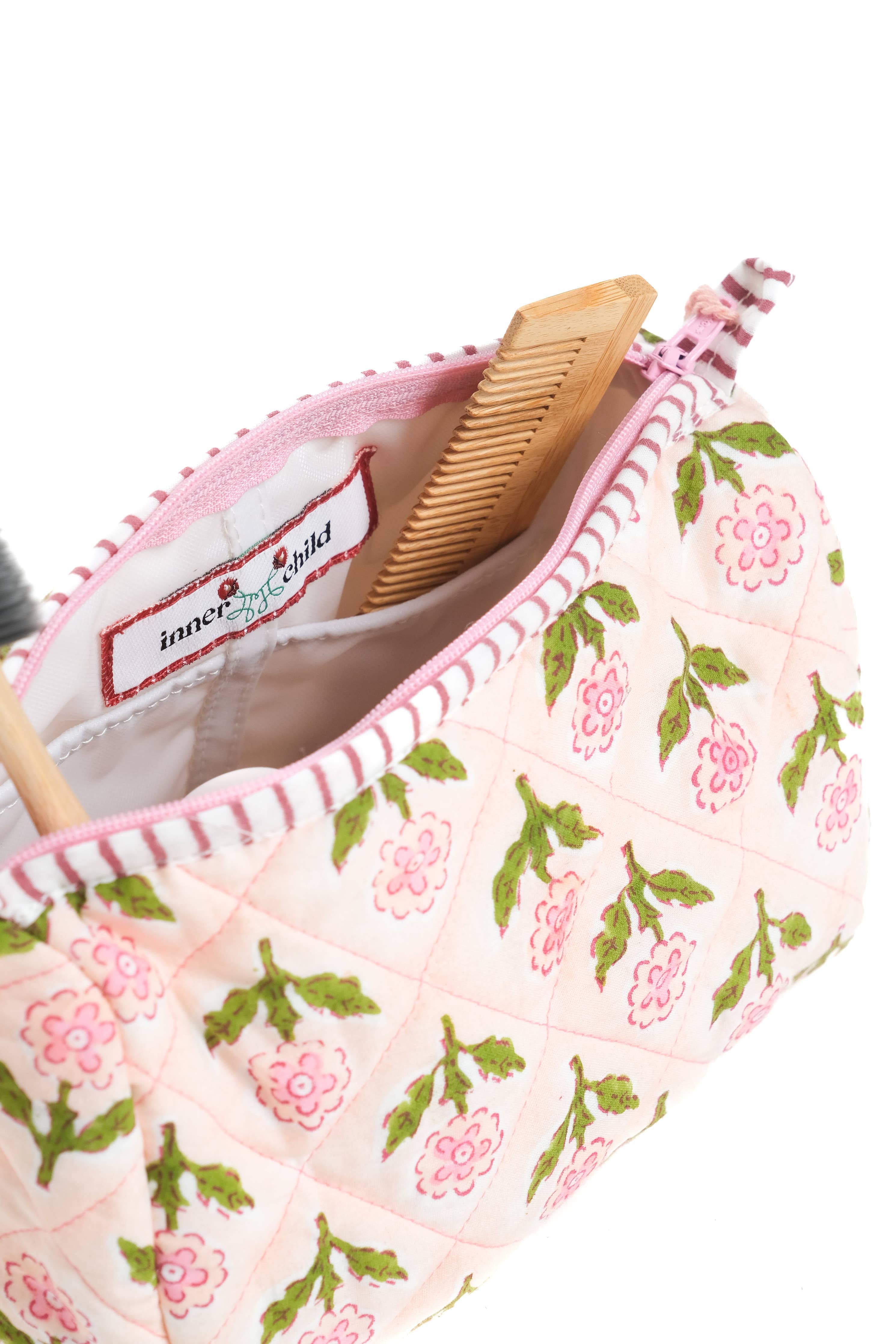 Mona Blockprint Makeup Bag in Pink showing four internal pockets