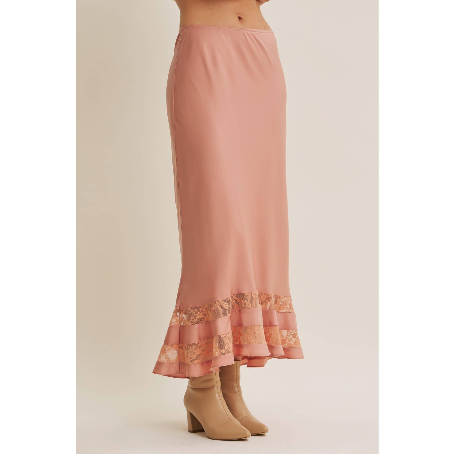 Coral Satin Lace Maxi Skirt
