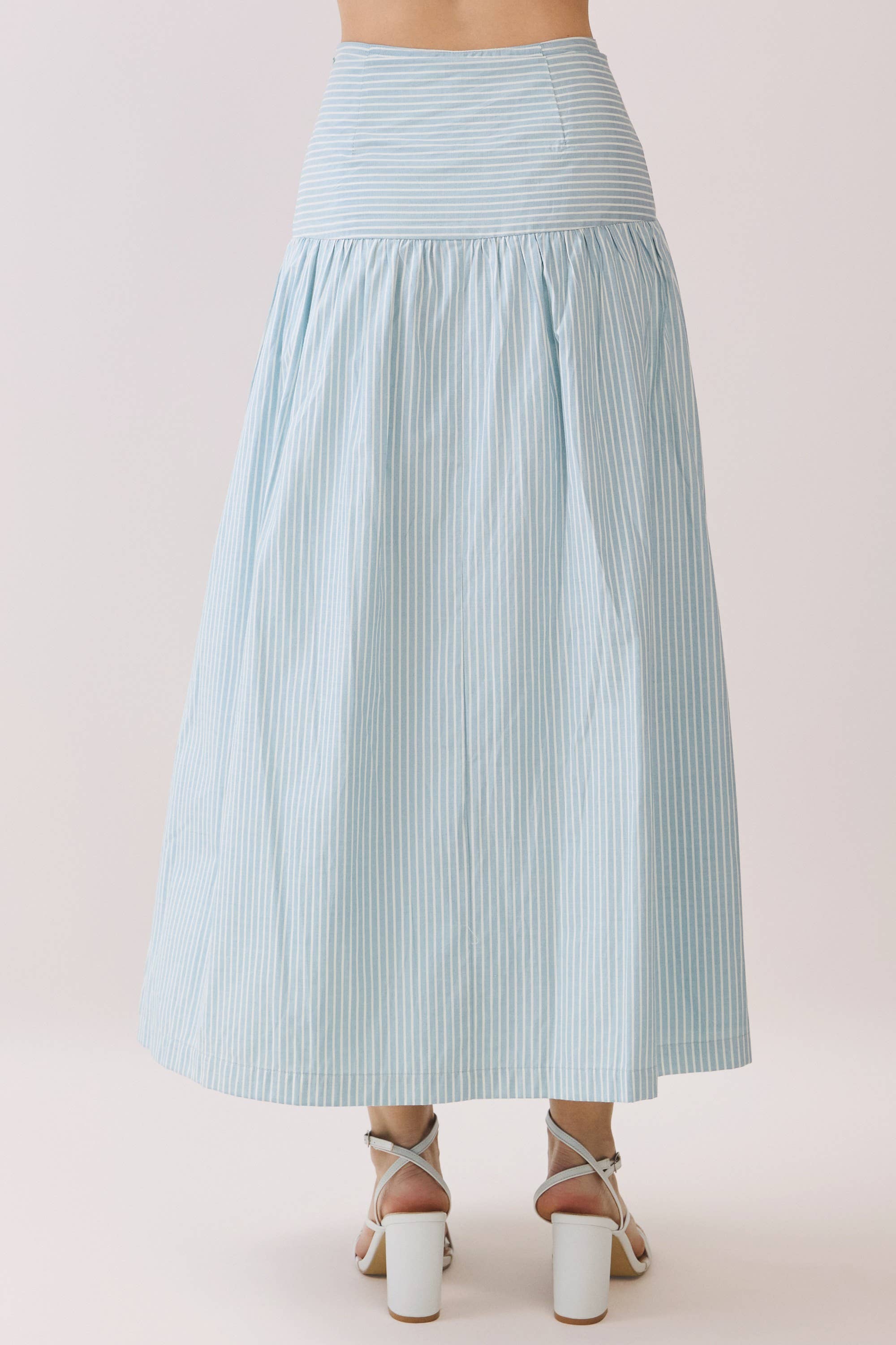 Blue Striped Drop Waist Midi Skirt