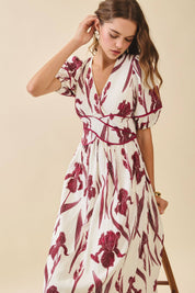 Floral Print Piping Puff Sleeve Dress