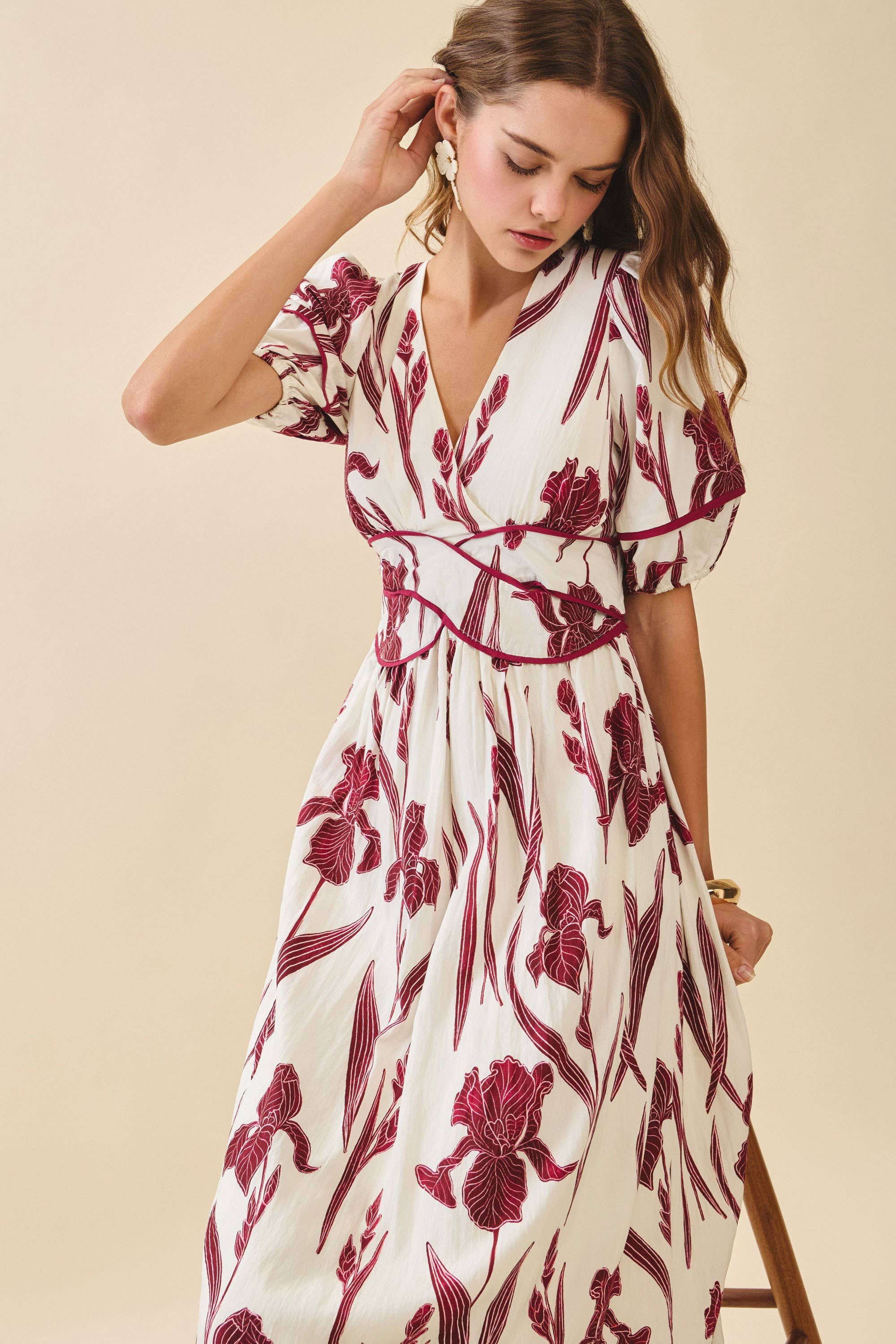 Floral Print Piping Puff Sleeve Dress
