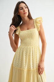 Yellow Eyelet Smocked Maxi Dress