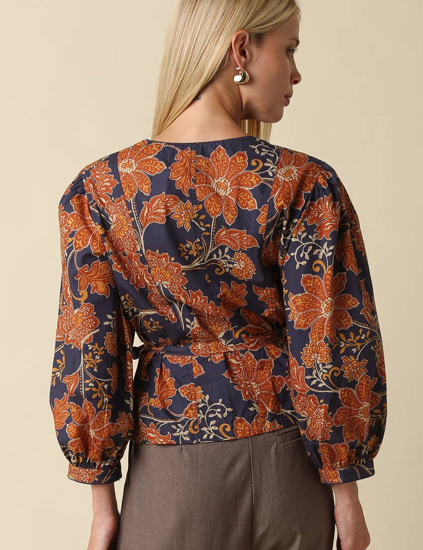 Navy & Orange Floral Tie Waist Blouse showing front tie