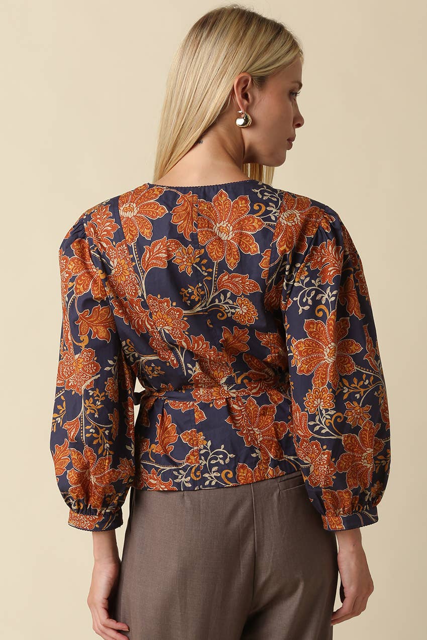 Navy & Orange Floral Tie Waist Blouse showing front tie