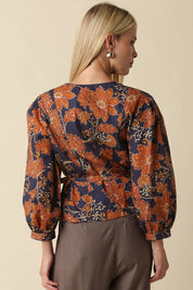 Navy & Orange Floral Tie Waist Blouse showing front tie