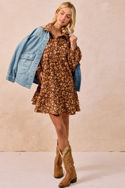 Brown Floral Print Corduroy Dress