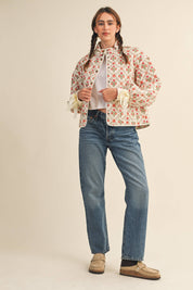 Ivory Floral Quilted Jacket With Ribbon Detail