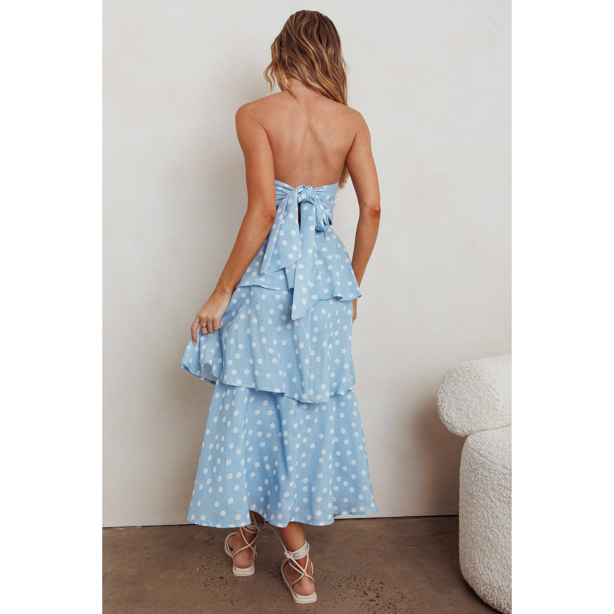 Blue Polka Dot Tiered Maxi Dress