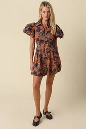 Navy & Orange Floral Bubble Mini Dress showing mini