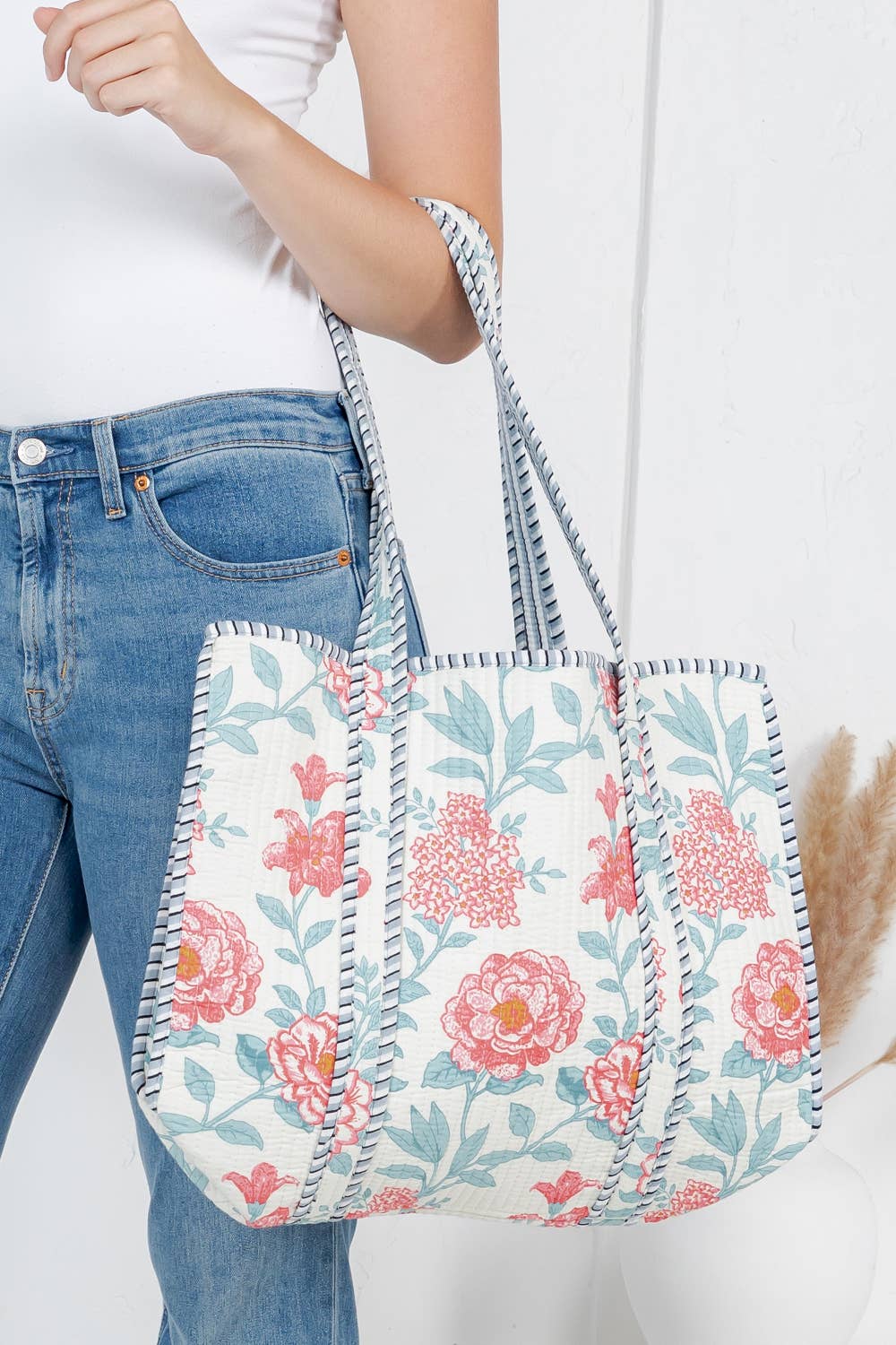 White Floral Quilted Tote Bag