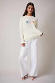 Cream Round Neck Sea Graphic Sweater