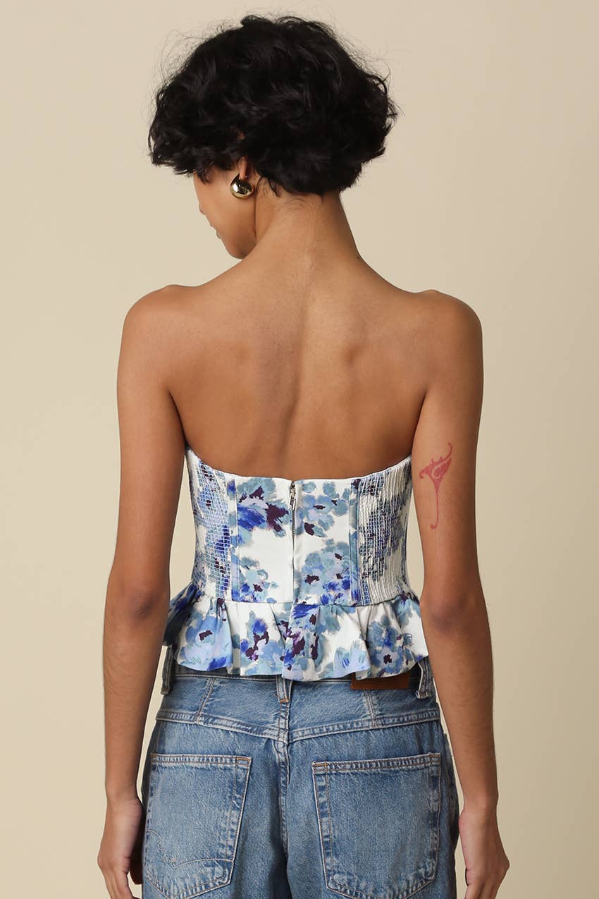 Blue & White Floral Peplum Tube Top