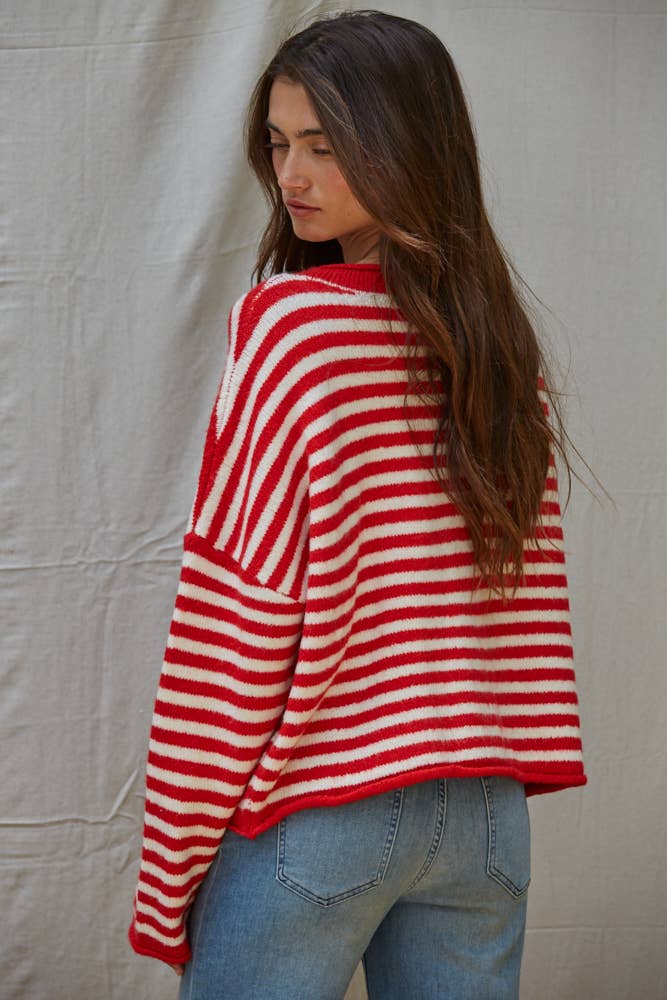 Red & Ivory Knit Striped Cardigan