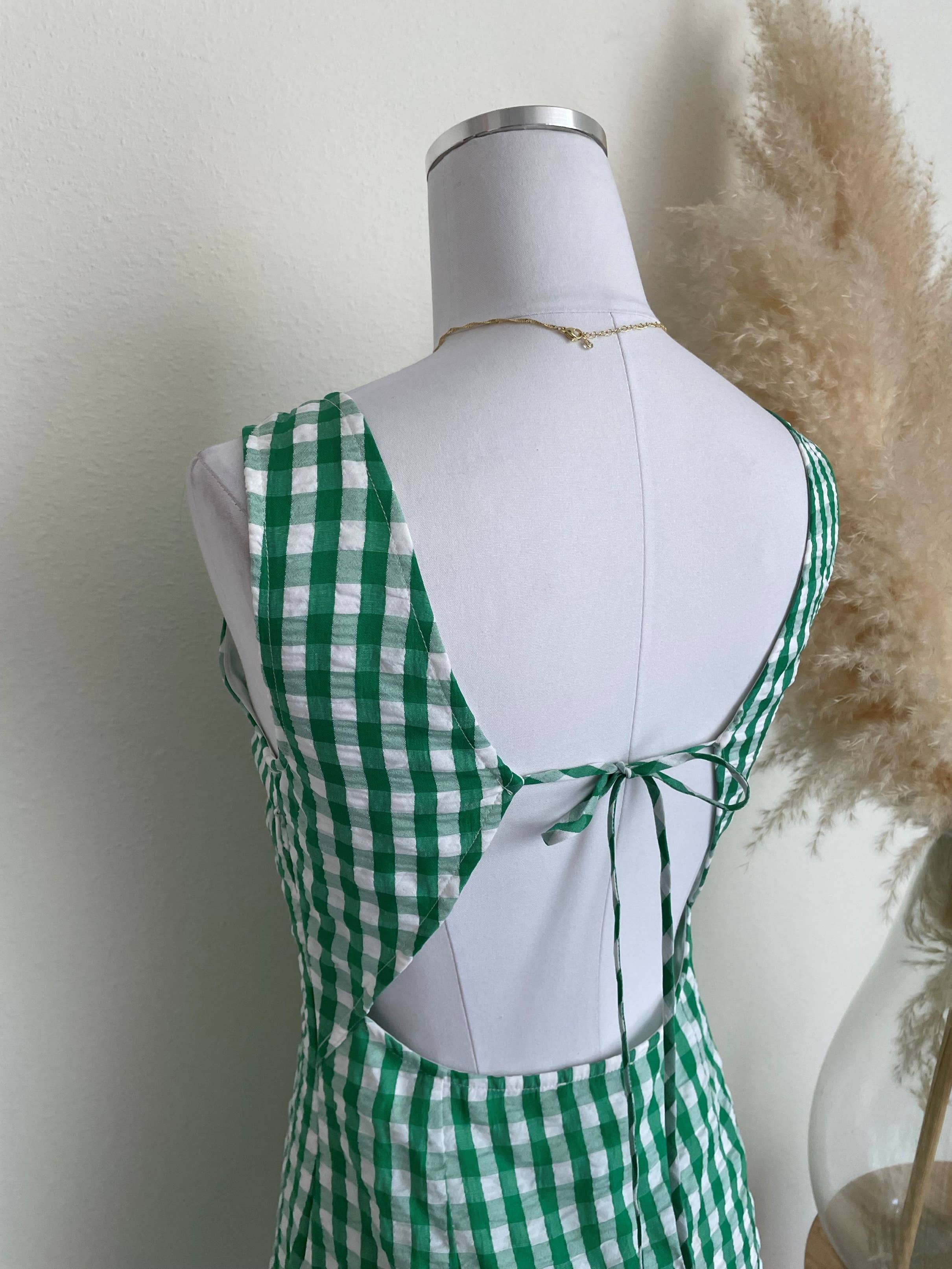 Green Gingham Open Back Dress