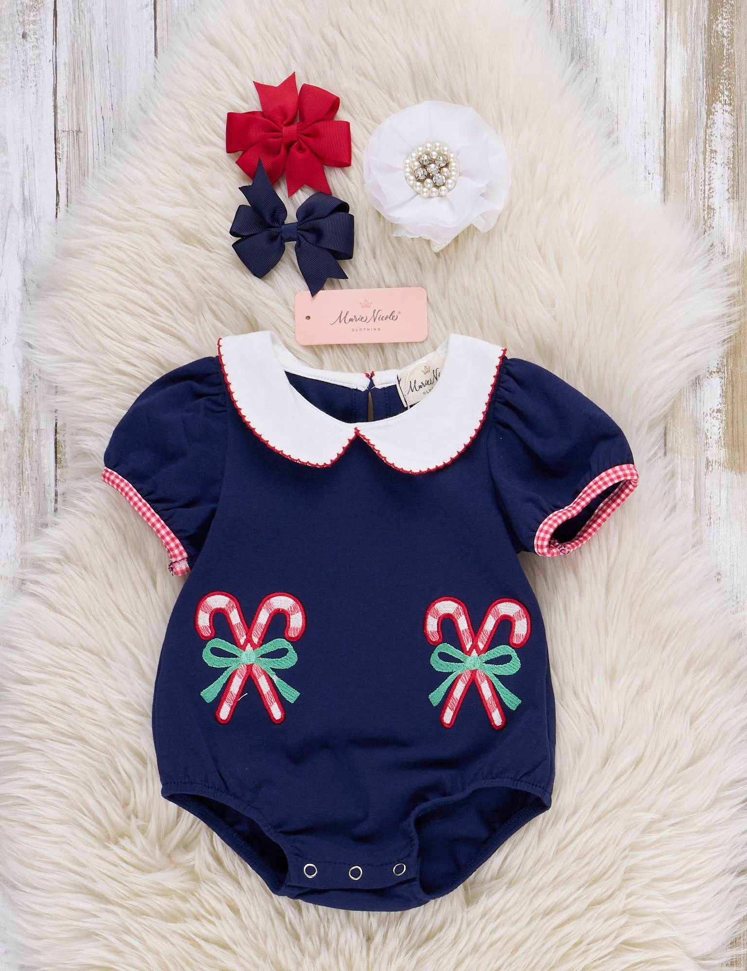 Candy Cane Munchers Embroidered Romper — snap buttons and fits true to size
