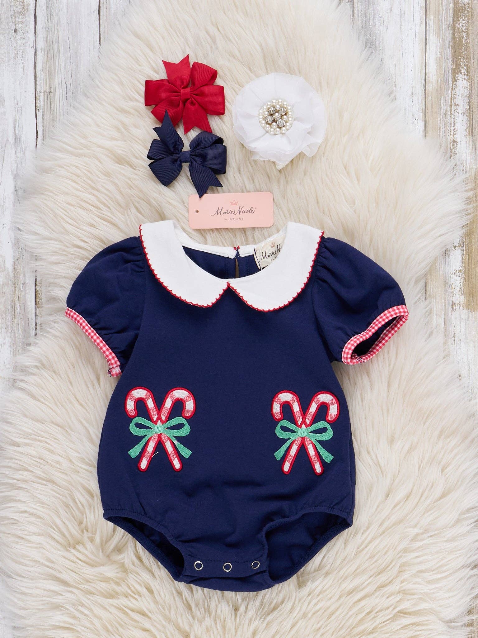 Candy Cane Munchers Embroidered Romper — snap buttons and fits true to size