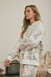 Cream Floral Knit Top & Pants Set showing crew neckline