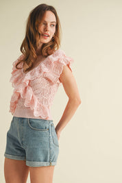 Pink Ruffle Knit Lace Top showing v-neckline