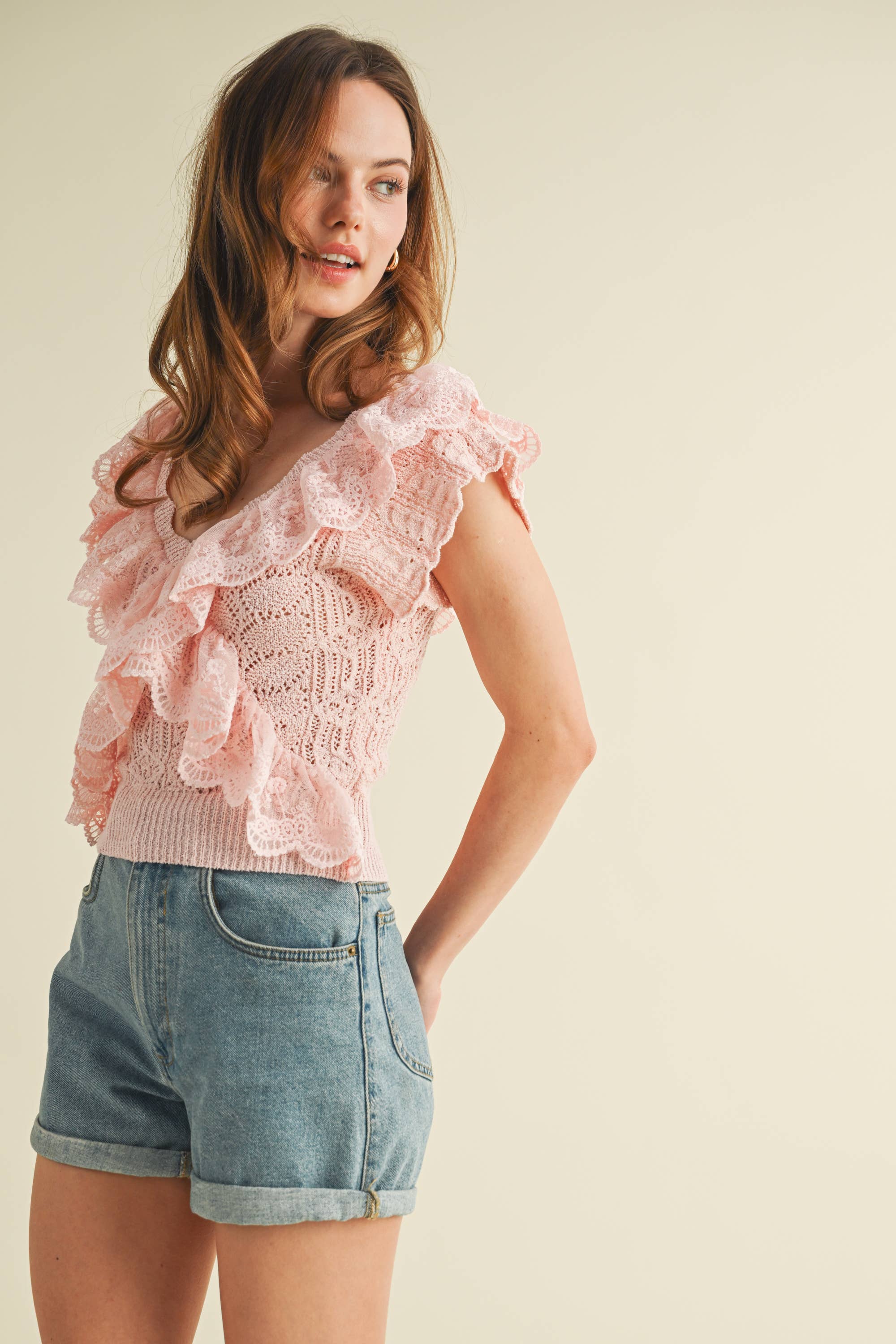 Pink Ruffle Knit Lace Top showing v-neckline