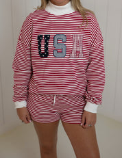 Red Striped "USA" Mockneck & Shorts Set