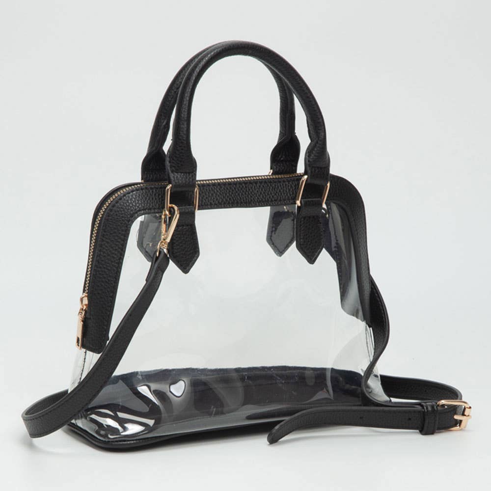 Faux Leather Trim Transparent Structured Top Handle Handbag / Crossbody Bag: Clear, Black