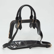 Faux Leather Trim Transparent Structured Top Handle Handbag / Crossbody Bag: Clear,Navy