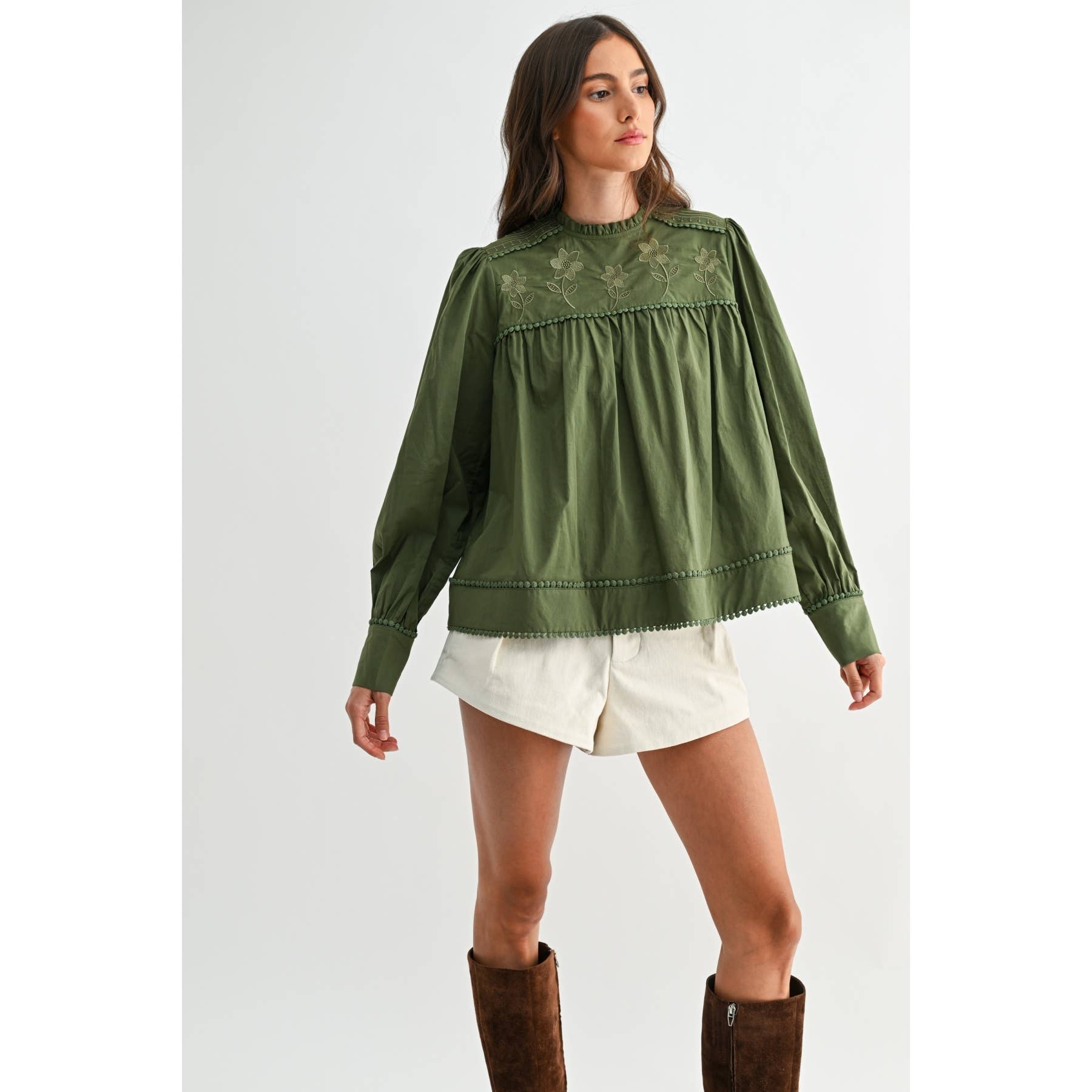 Green Puff Sleeve Embroidered Blouse