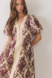 Cream & Burgundy Paisley Midi Dress showing v-neckline