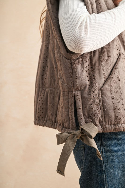 Mocha Lace Trim Puff Vest