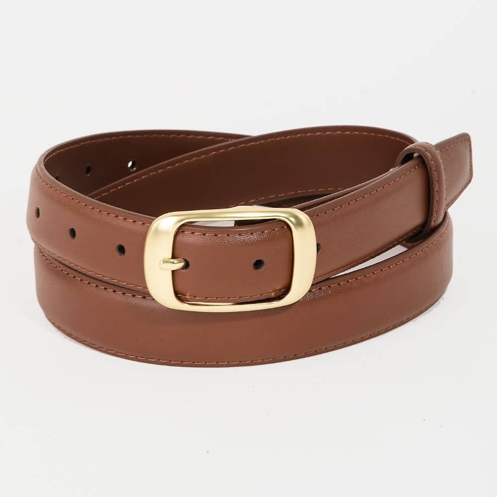 Brown Solid Rectangle Buckle Leather Belt